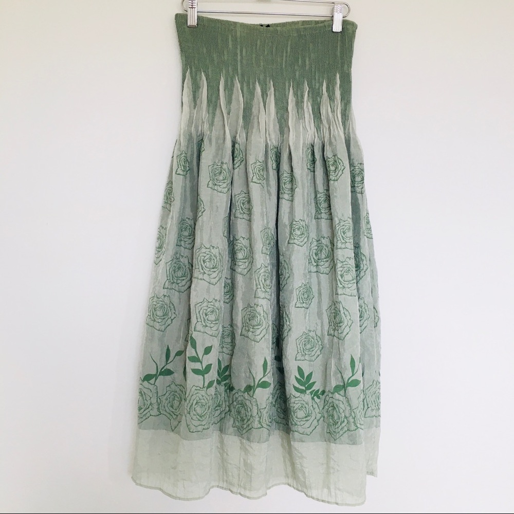Anthropologie Strapless Green Floral Dress
